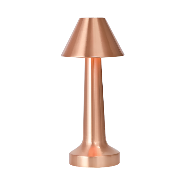 Rose gold cordless LED table lamp with a minimalist design and touch control, showcasing 3 adjustable color modes and a rechargeable battery.