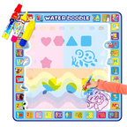Water doodle mat with colorful markers and a child's hand drawing on it.