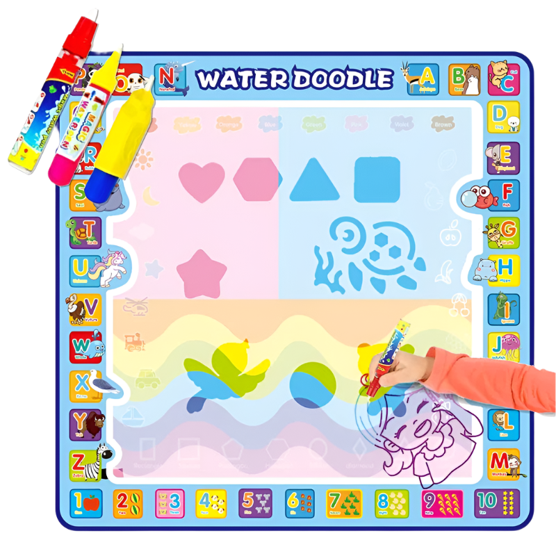 Water doodle mat with colorful markers and a child's hand drawing on it.