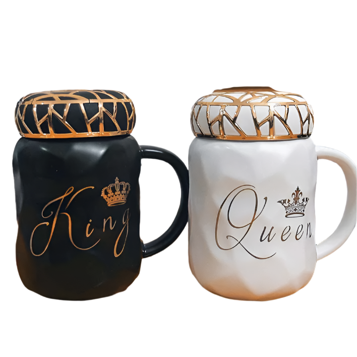 King and Queen ceramic mugs side by side.