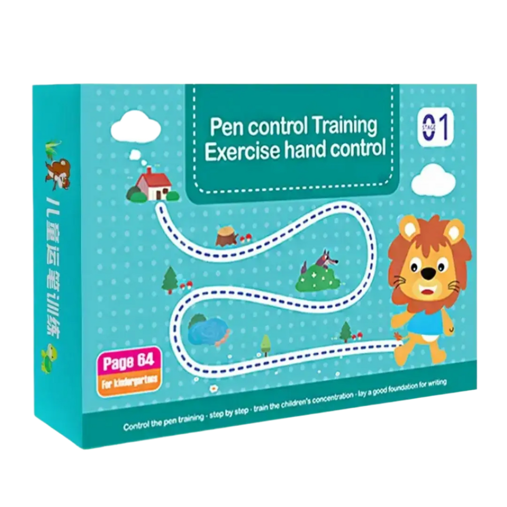 Box for pen control training with a cartoon lion character on a blue background