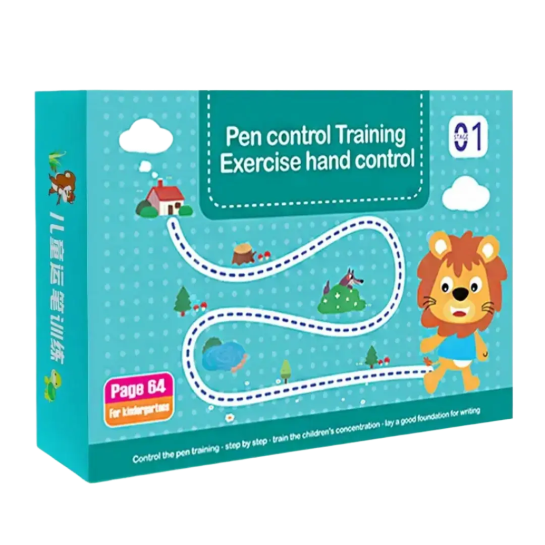 Box for pen control training with a cartoon lion character on a blue background