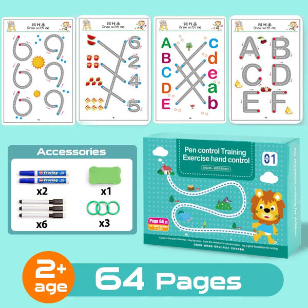 Child smiling while tracing shapes in reusable preschool workbook.