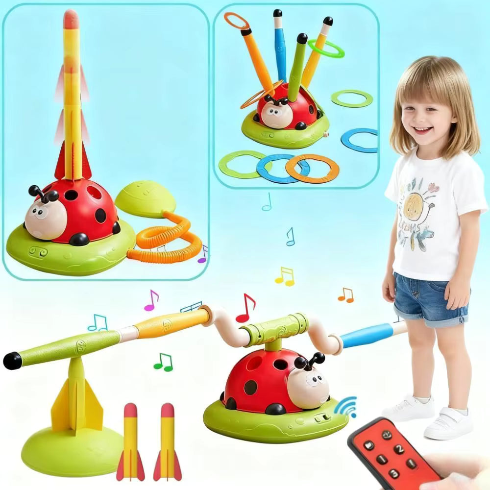 Ladybug 3-in-1 sport machine with rotating skipping arms, ring toss posts and rocket launcher attachment