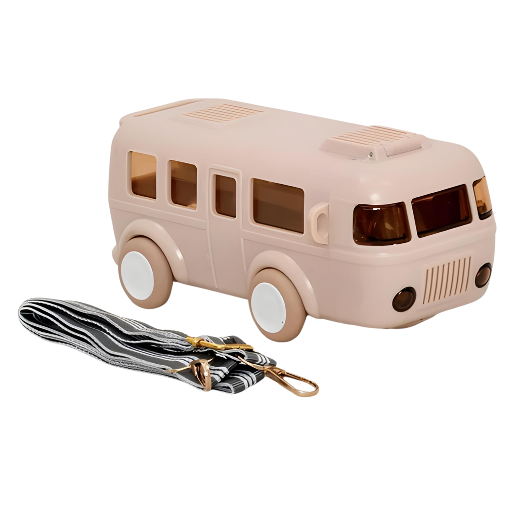 Cute bus-shaped water bottle for kids, featuring a fun and engaging design to encourage hydration.