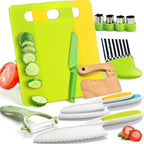 Set of kitchen utensils including cutting boards, knives, and peeler on a white background