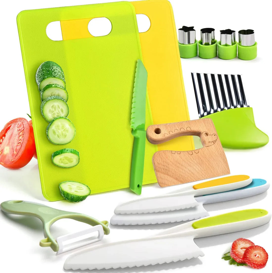 Set of kitchen utensils including cutting boards, knives, and peeler on a white background