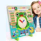 Wooden Calendar & Clock Board — Frog shown in detail – educational & stem toys for kids