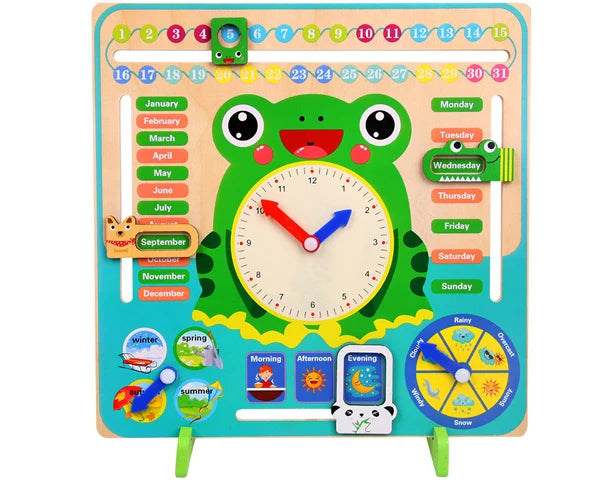 Wooden Calendar & Clock Board — Frog – educational & stem toys for kids, available at ASH Homes Pakistan