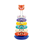 Stack of colorful animal-shaped rings on a white background