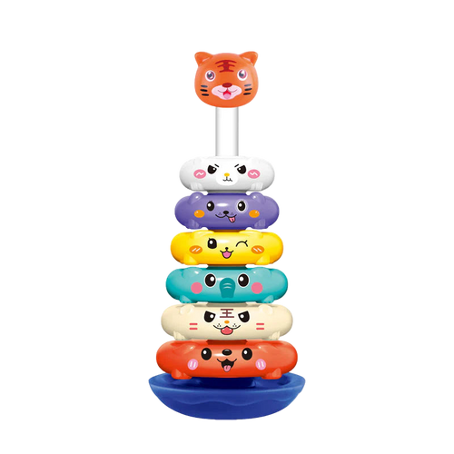 Stack of colorful animal-shaped rings on a white background