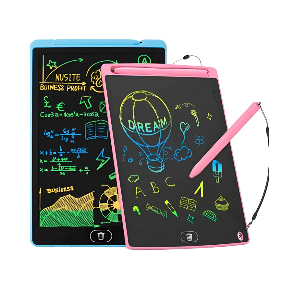 Two electronic drawing boards with colorful writings and drawings on a white background.