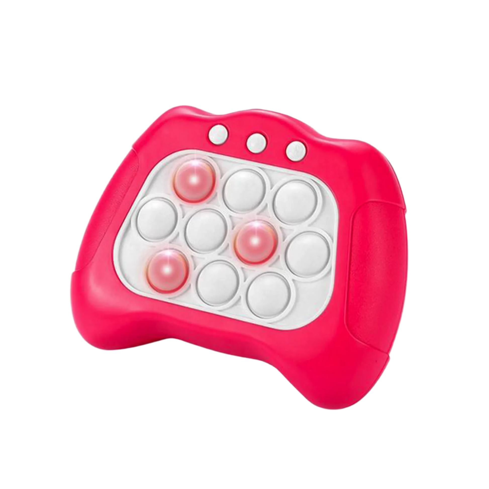 Pink toy controller with white buttons on a white background