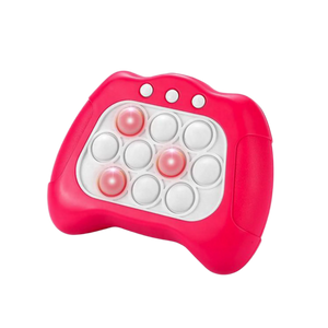 Pink toy controller with white buttons on a white background