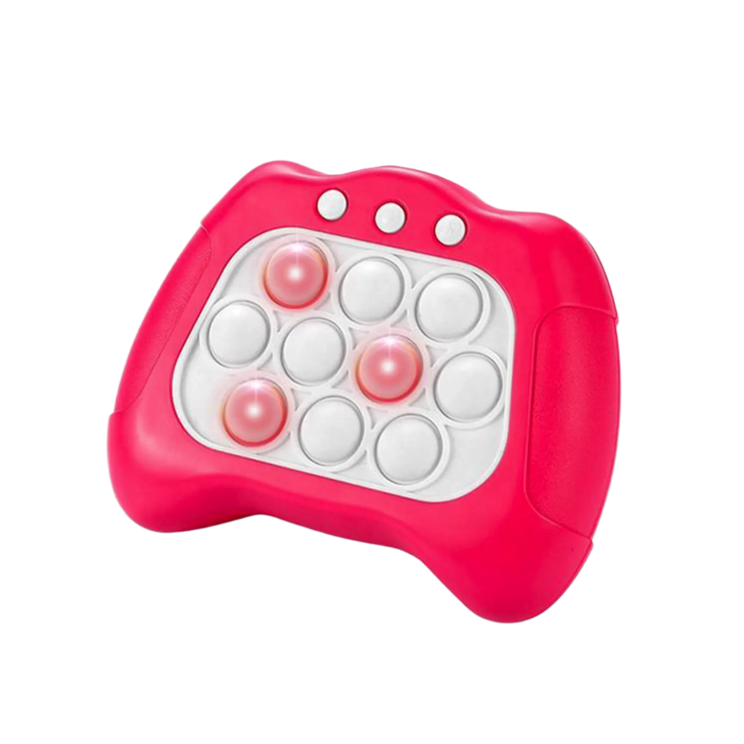 Pink toy controller with white buttons on a white background