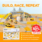 Toy track set with vehicles and packaging on a sandy background, featuring promotional text and Afterpay logo.