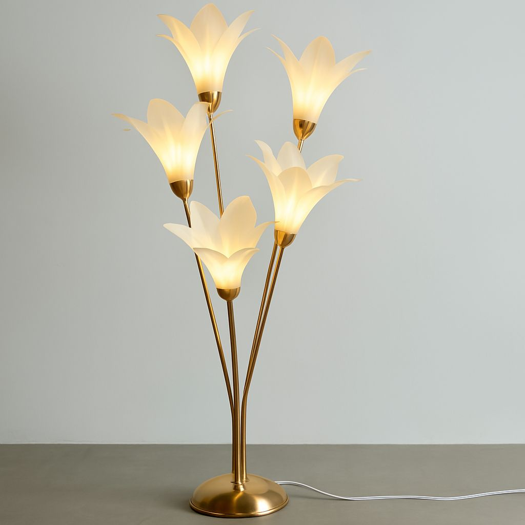 A sleek Lily Lamp with a petal-inspired design emitting a soft, warm glow in a modern room.






