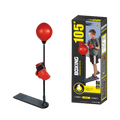 Boxing training setup with red punching ball and gloves next to its packaging on a white background