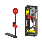 Boxing training setup with red punching ball and gloves next to its packaging on a white background