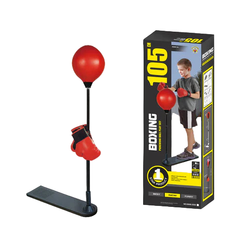 Boxing training setup with red punching ball and gloves next to its packaging on a white background