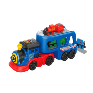 Toy train set with a blue and red engine and colorful cars on a white background