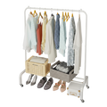 Clothing rack with clothes, shoes, and baskets on a white background