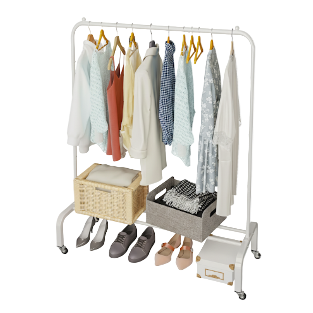 Clothing rack with clothes, shoes, and baskets on a white background