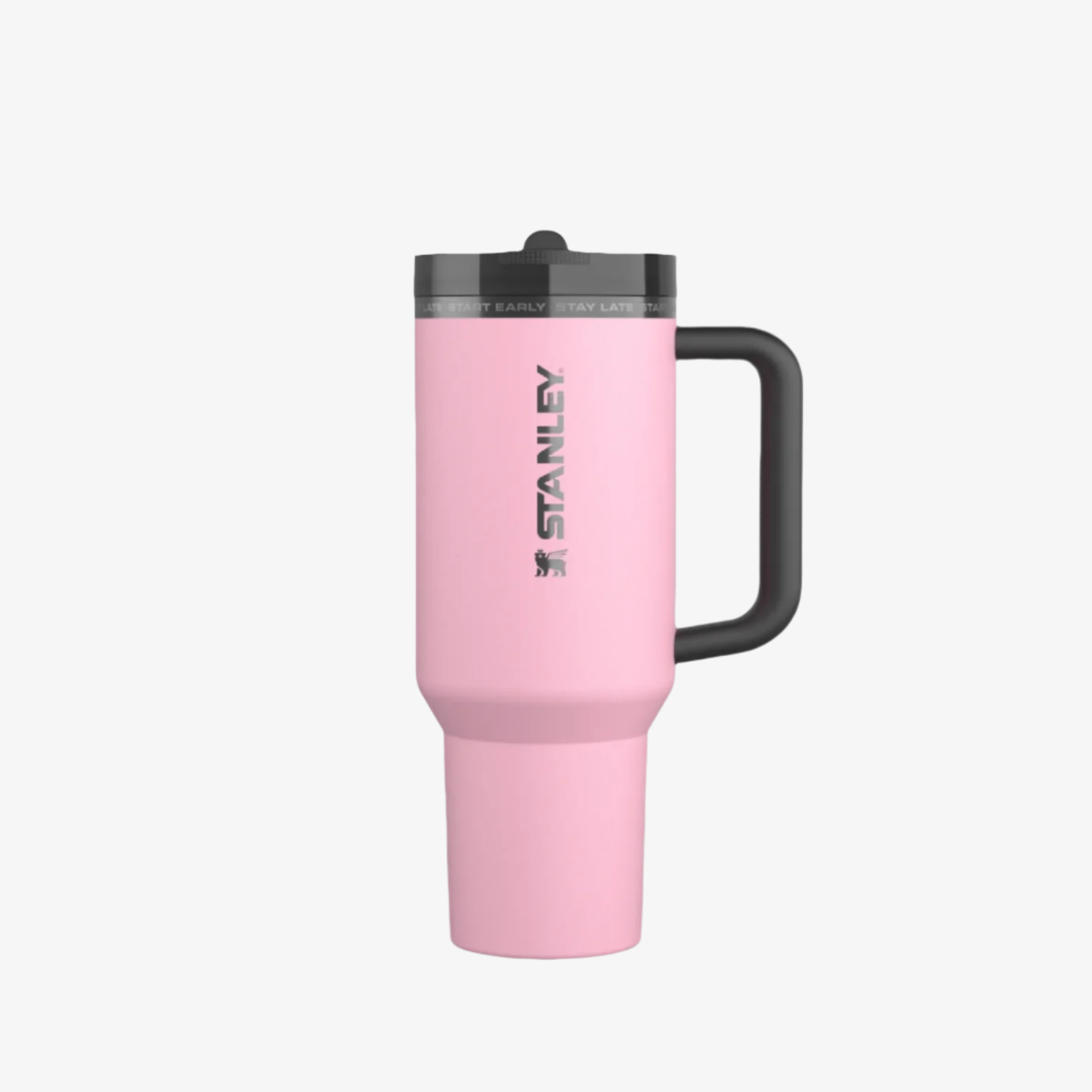 Messi x Stanley GOAT 40oz Tumbler in black metallic with flip straw lid and gold accents, placed on a sleek surface.

