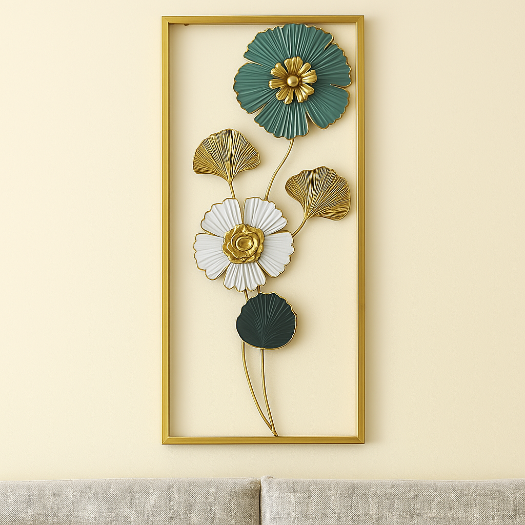 Rectangular gold frame displaying teal, white, and gold metal flowers and leaves, arranged gracefully to form a sophisticated wall décor piece.








