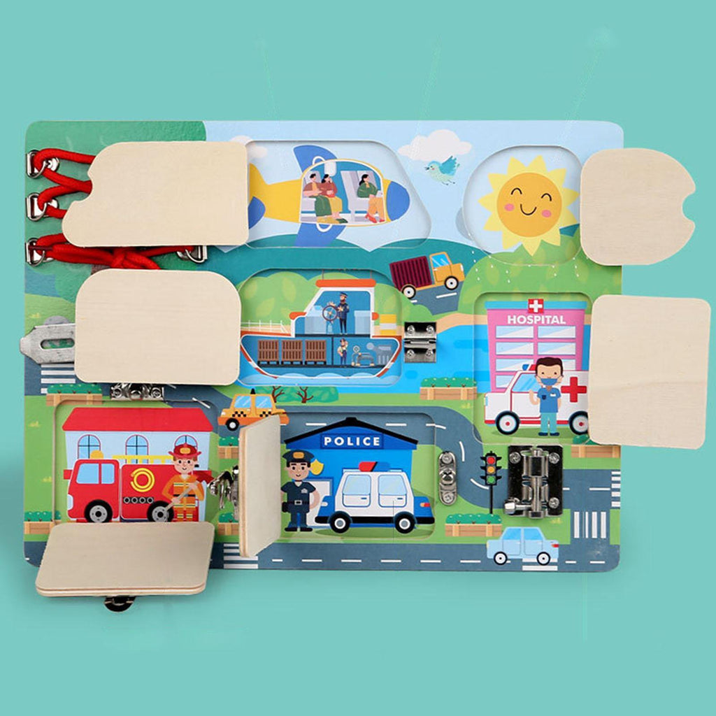Wooden Busy Board — Latches & Locks shown in detail – educational & stem toys for kids