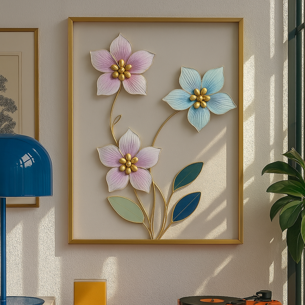A rectangular gold frame showcasing pastel pink and blue metal flowers with gold centers and green leaves.








