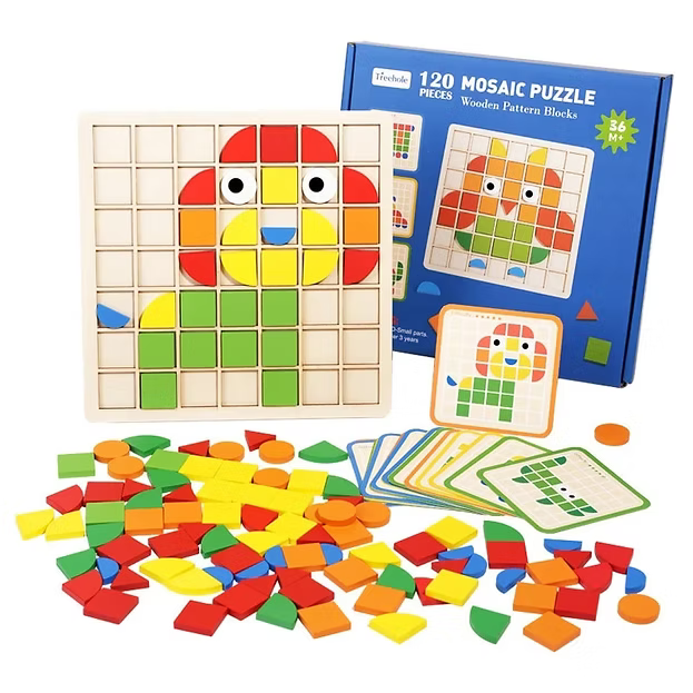 120-Piece Wooden Mosaic Puzzle | Geometric Pattern Blocks with Challenge Cards