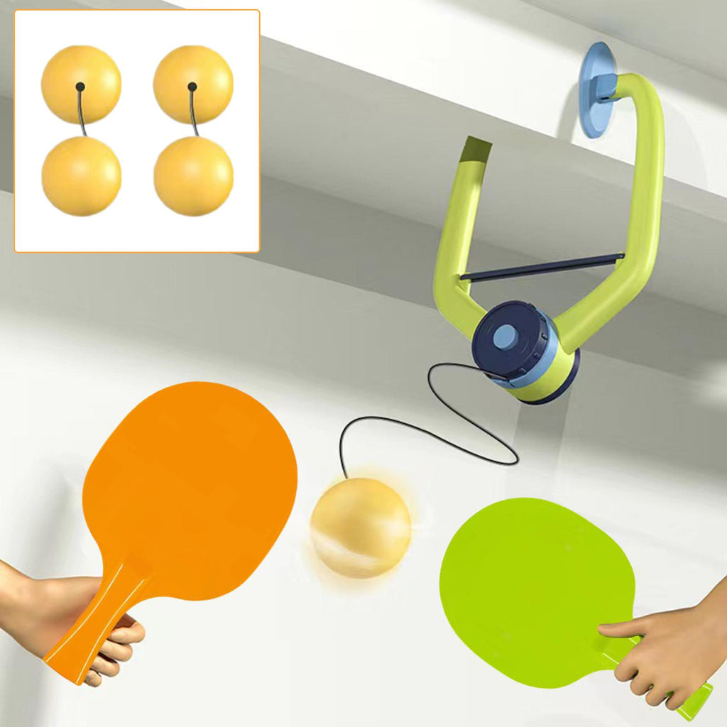 Self-training table tennis set with yellow balls and paddles.
