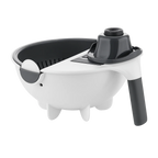 White kitchen tool with black accents on a white background