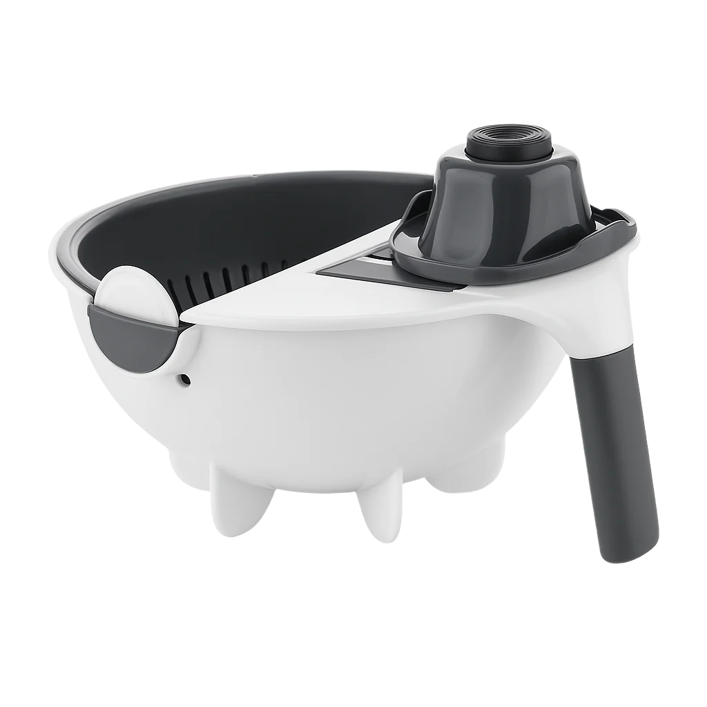 White kitchen tool with black accents on a white background