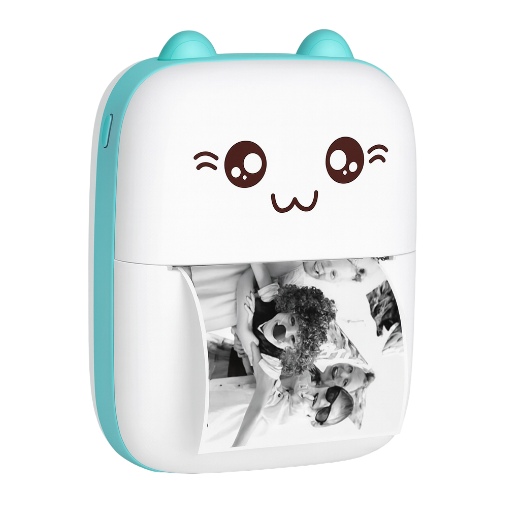 Small device with a cartoon face and photo prints on a white background