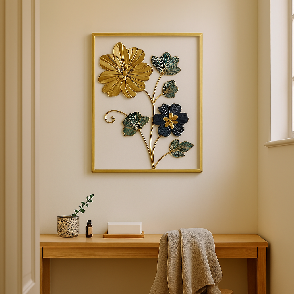 Rectangular gold frame displaying intricate emerald green and gold metal flowers with delicately detailed leaves.








