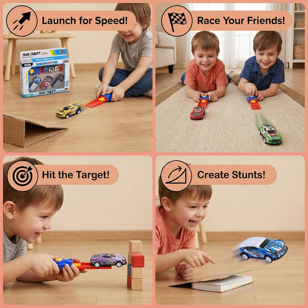 Car Catapult Racing Set – 4 Die-Cast Cars with Launcher