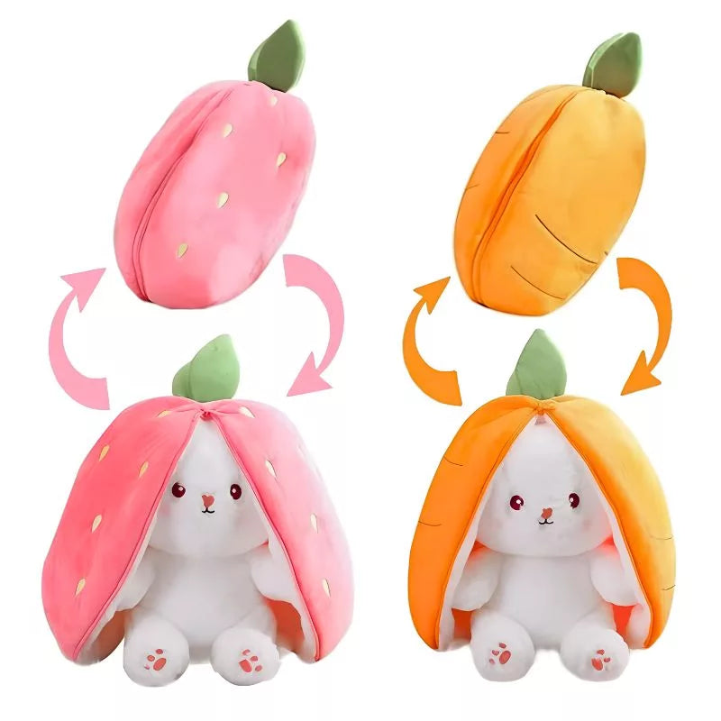 Plush toy with strawberry and mango design, transforming from fruit to rabbit shape.