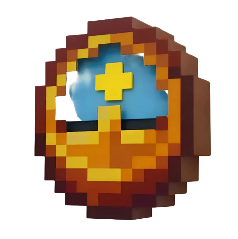 Pixelated clock with a brown border and colorful face on a white background