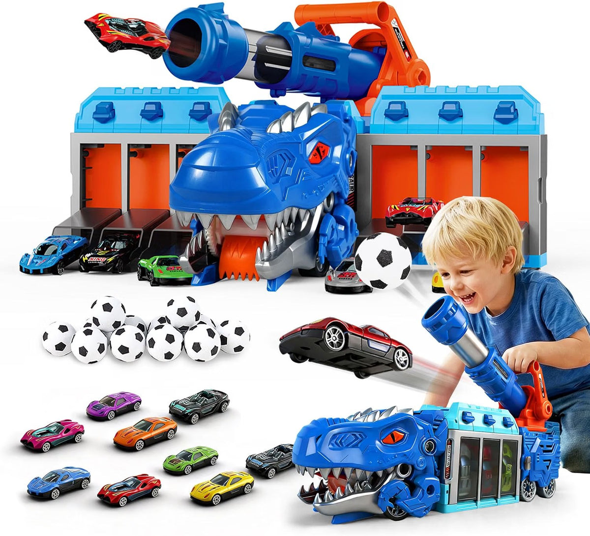 Dinosaur truck launching a car
