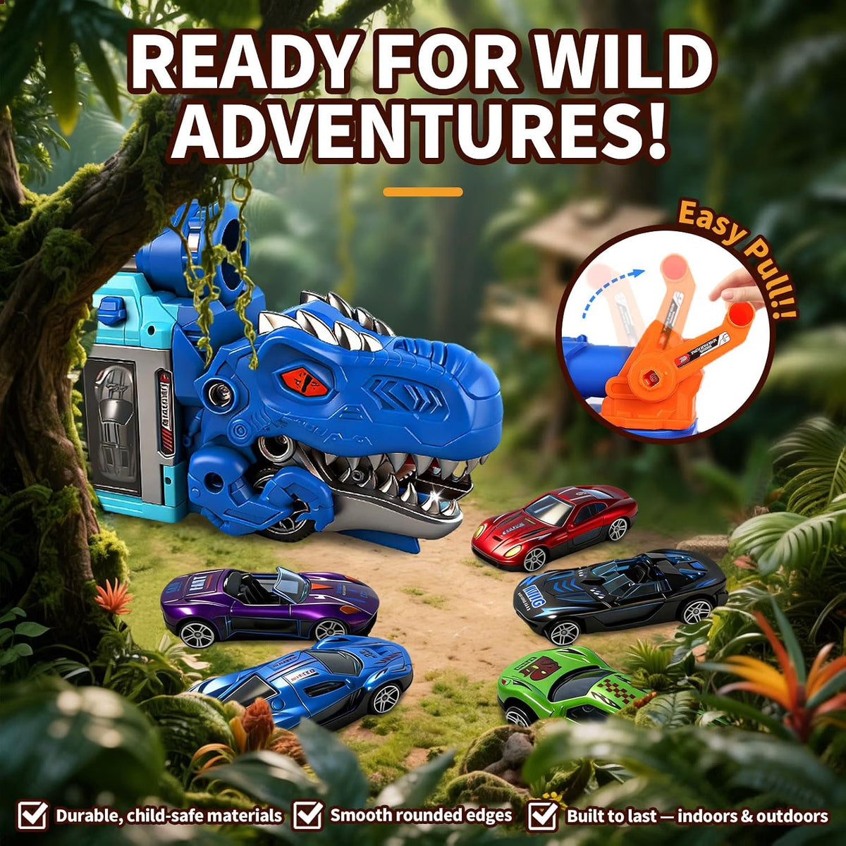 Dinosaur truck with garage bays and cars
