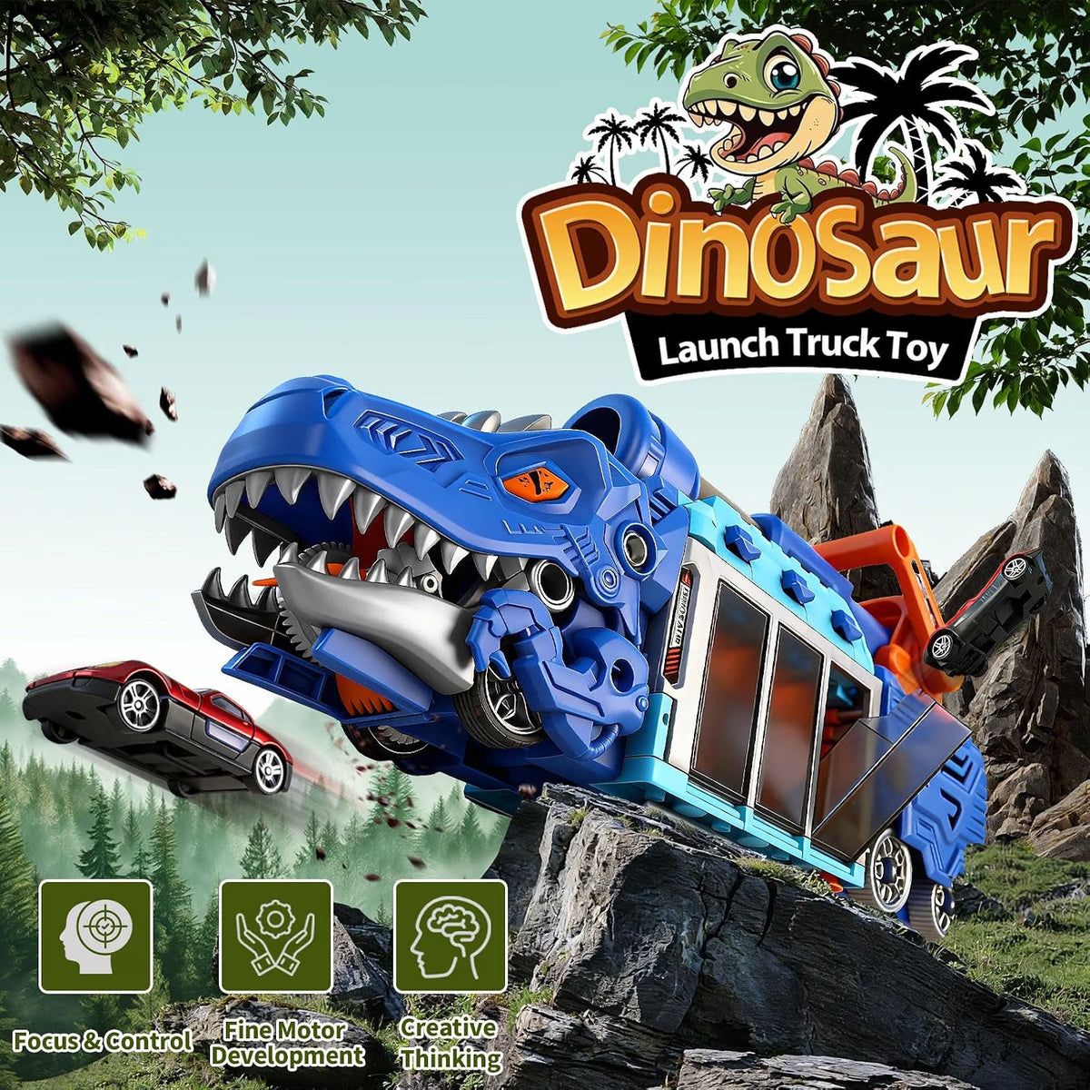 Dinosaur truck folded with cars stored inside