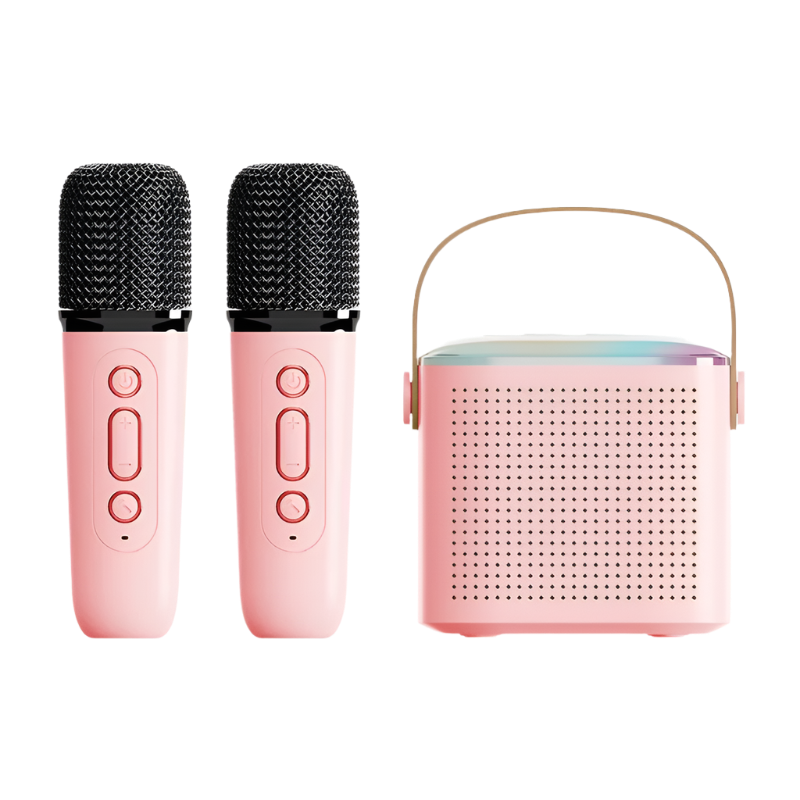 Pink microphone set with a portable speaker on a white background