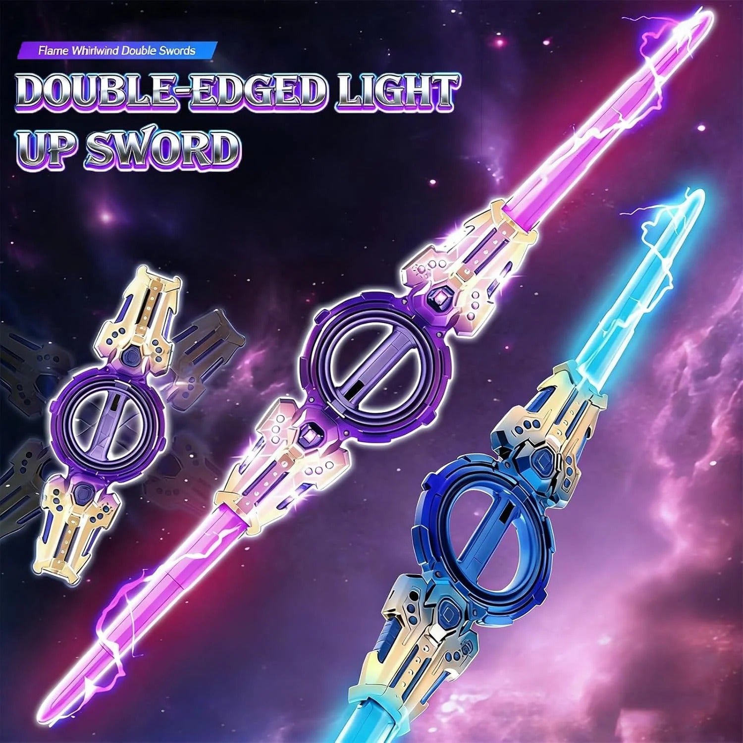 Double-edged light up sword toy purple and blue glowing LED rotating lightsaber