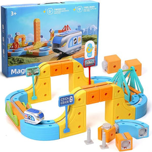 Toy track set with train and packaging on a white background