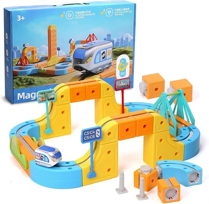 Toy track set with train and packaging on a white background