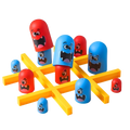 Colorful toy blocks with cartoon faces arranged in a game-like pattern on a white background