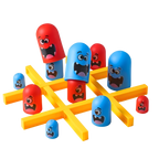 Colorful toy blocks with cartoon faces arranged in a game-like pattern on a white background