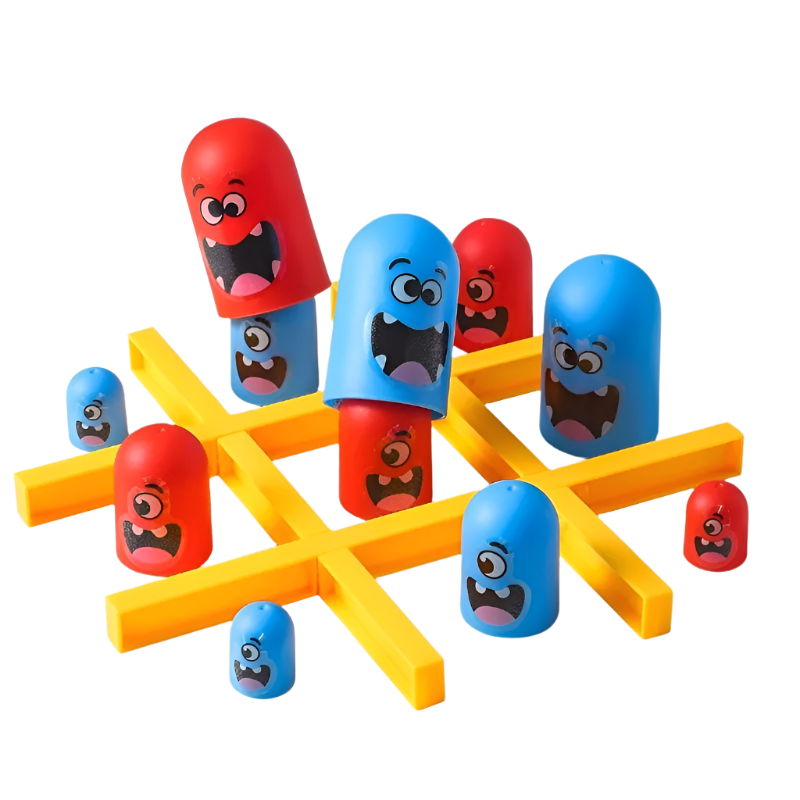 Colorful toy blocks with cartoon faces arranged in a game-like pattern on a white background